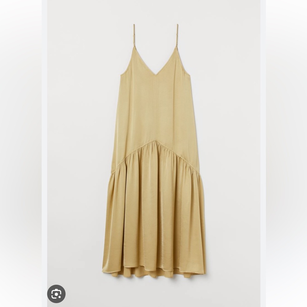 H&M hm gold beige yellow V-neck Satin slip dropped hem midi Dress size XXS